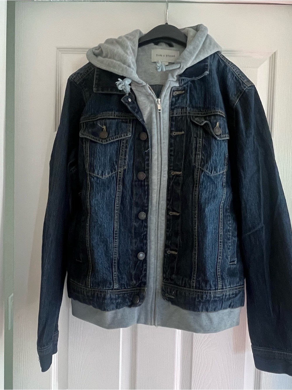 Sun + Stone Blue Denim Jacket with Gray Hoodie